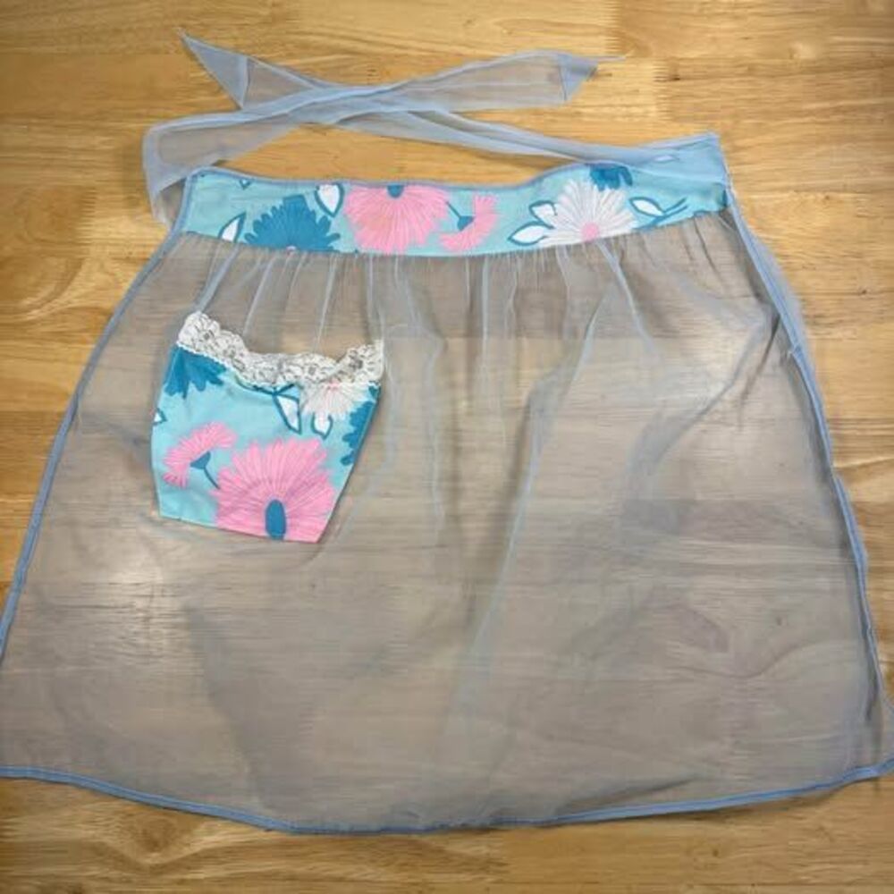 Vintage Sheer Floral Blue Half Aprons